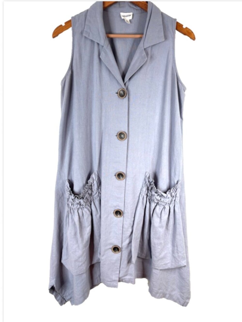 For Cynthia Linen Midi Dress S Oversized Pockets Button Front Lagenlook Boho